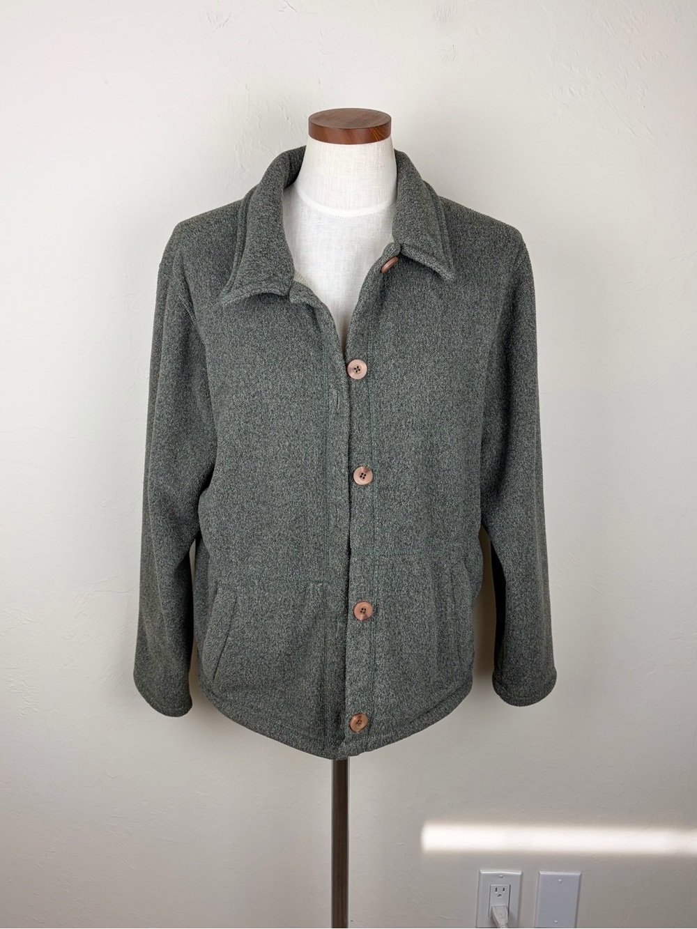 Eddie Bauer Teddy Fleece Button-Front Sweater Jacket - Sage Green